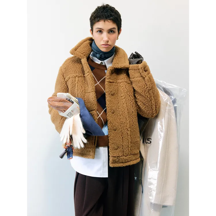 MARIUS“泰迪熊”时尚翻领GUASTI骆驼绒休闲直身短款夹克外套