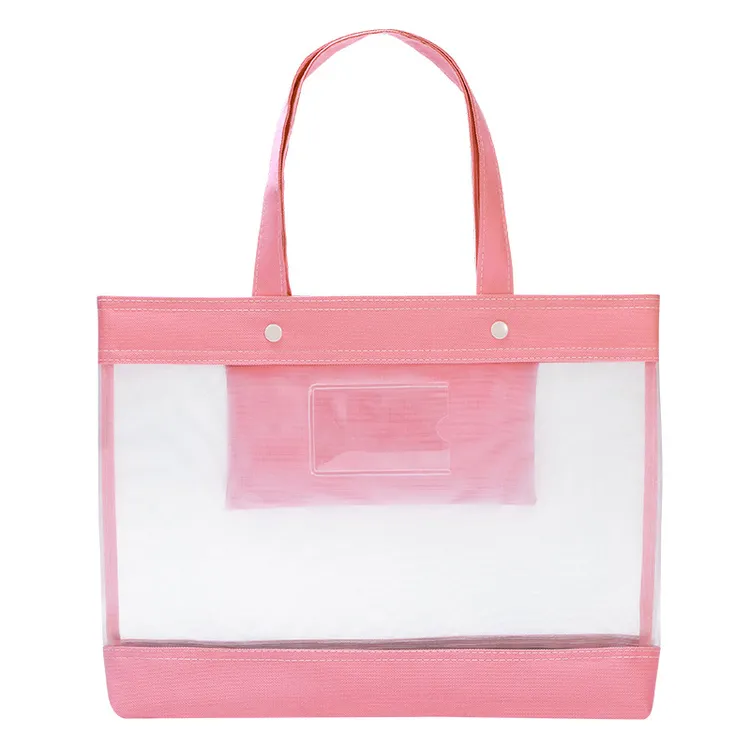 批发透明网纱手提学生拎书袋按扣补习袋试卷收纳袋科目分类袋简约