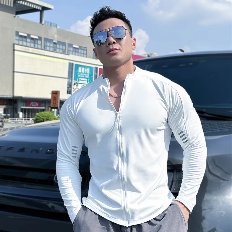 男士春秋立领拉链运动健身休闲薄外套修身高弹长袖跑步上衣T恤