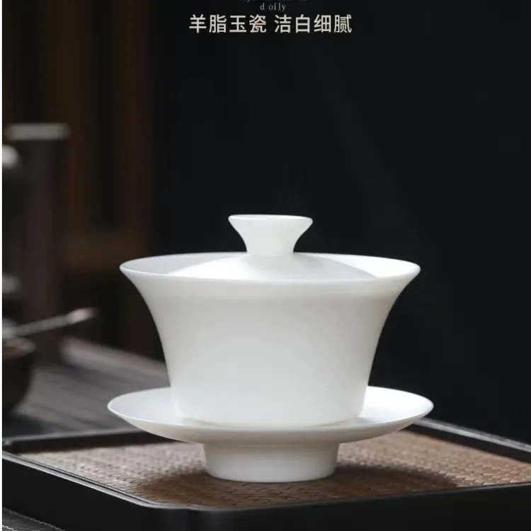 超薄胎素烧细腻高档白瓷盖碗马蹄羊脂玉瓷盖碗高端盖碗悬停盖碗
