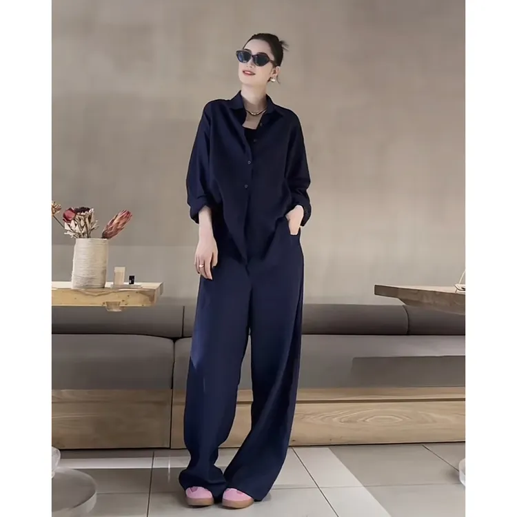 老钱风时尚套装女藏蓝色慵懒宽松衬衫+阔腿休闲裤显瘦减龄两件套