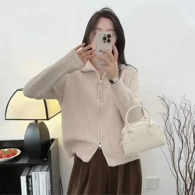 2025双拉链可立可翻领毛衣针织女开衫