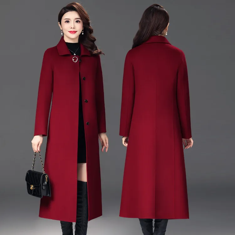 毛呢大衣女新款秋冬长款过膝酒红色喜婆婆中老年高档加厚呢子大衣