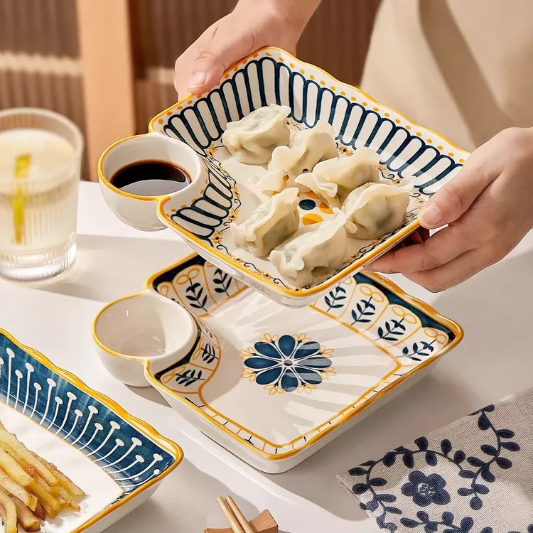 北欧网红盘子餐盘陶瓷碟子家用菜碟防烫饺子盘带醋碟多功能水果盘