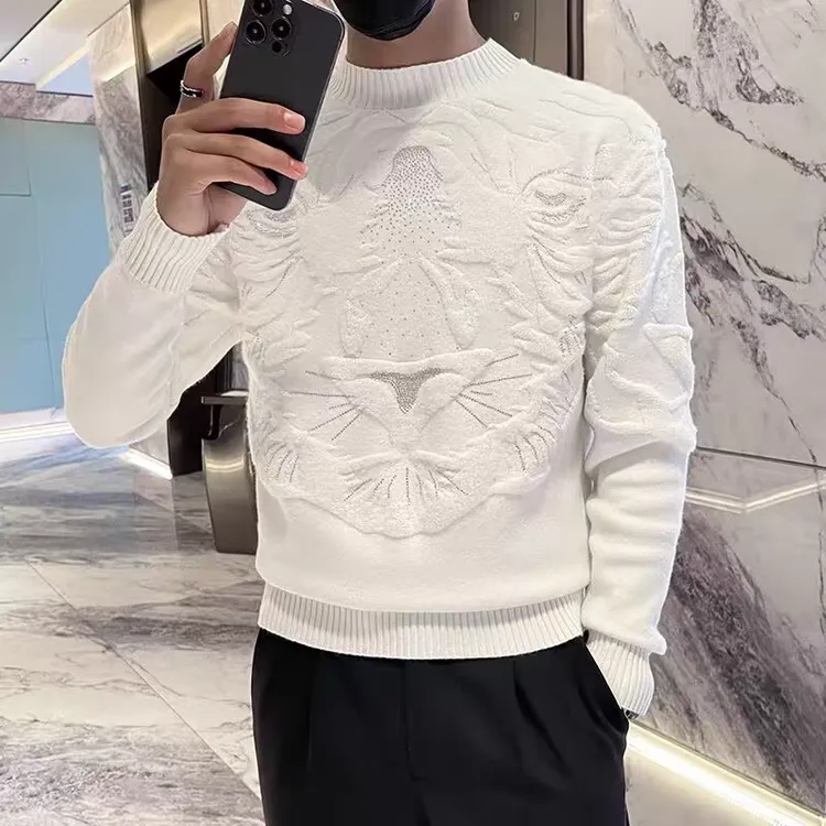 秋冬季提花烫钻毛衣男士潮流轻熟风针织衫半高领内搭保暖上衣