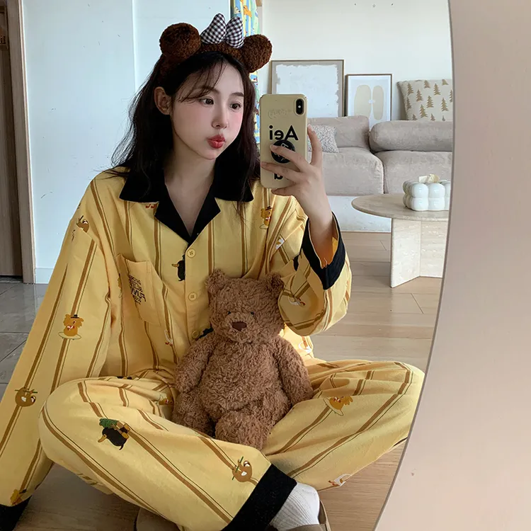 侘町2024春秋季新款动物派对长袖睡衣女可外穿卡通条纹家居服秋款