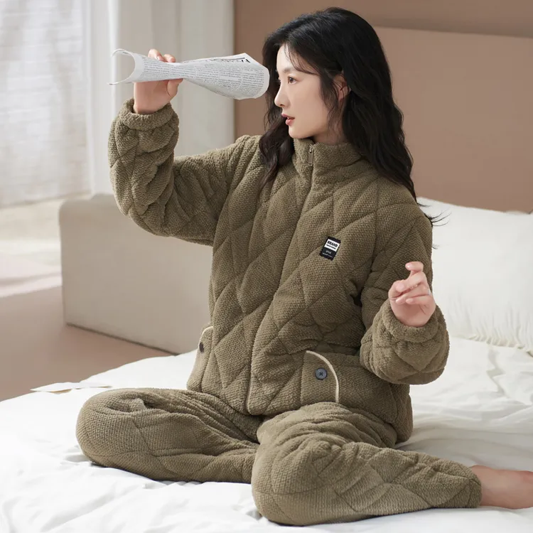 辉豹中老年睡衣女冬天套装加厚珊瑚绒三层夹棉袄拉链家居服秋冬季