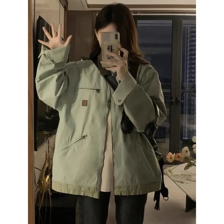 薄荷绿撞色工装外套女2024春秋新款休闲简约美式复古学生夹克上衣