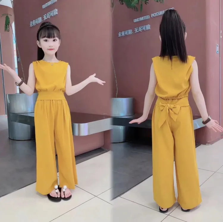 女童阔腿裤套装2025新款中大童时髦宽松垂感气质无袖高腰阔腿裤套