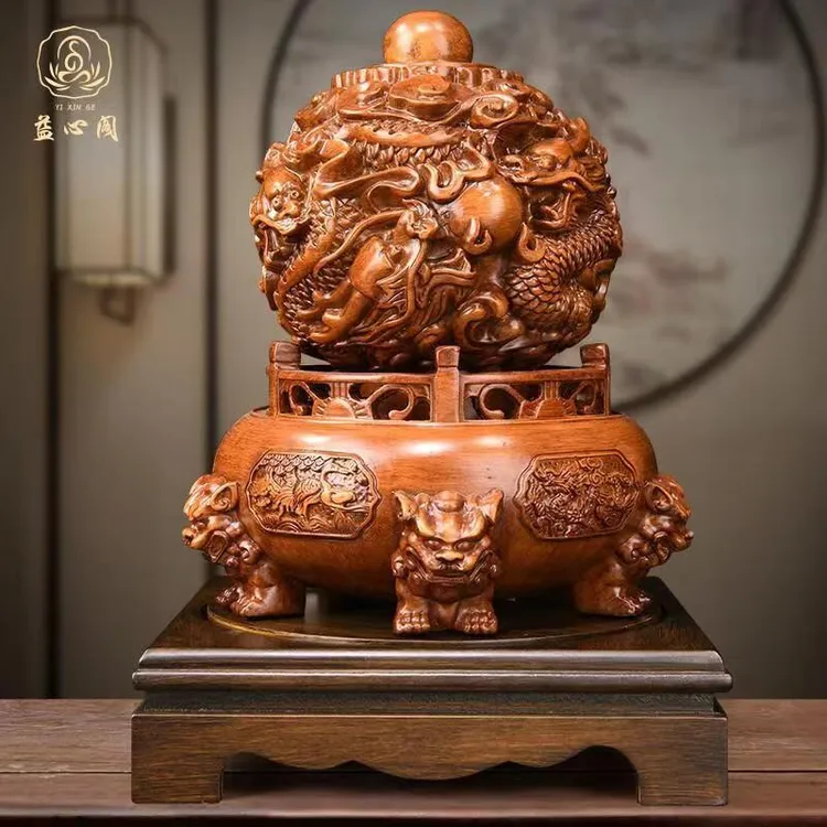 花梨木纹龙转乾坤工艺品摆件28*28*38CM（送方桌）