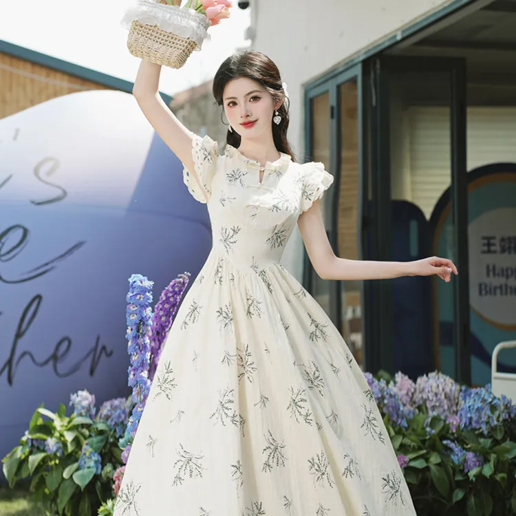 新中式盘扣复古国风温柔风高级感飞飞袖印花别致绝美连衣裙子女夏