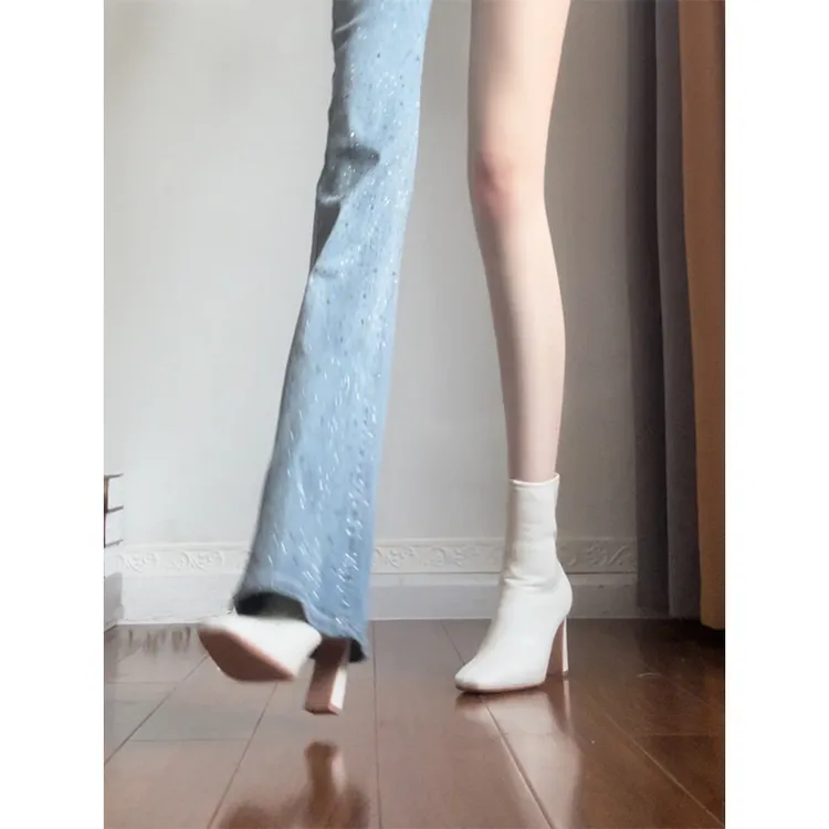 班丽 法式高跟小短靴女2024年秋冬季粗跟方头皮靴新款瘦瘦靴单靴