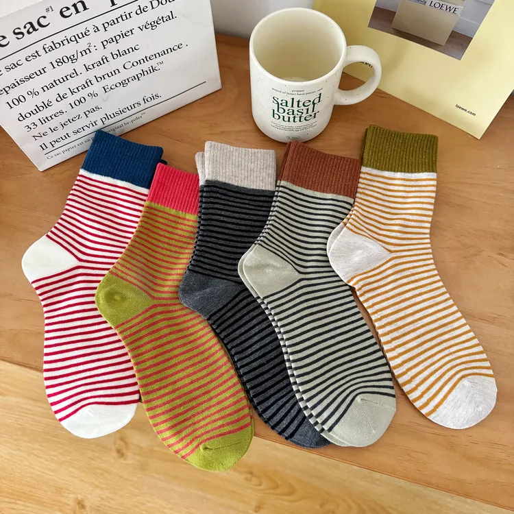 秋冬百搭条纹袜子百搭复古色保暖舒适棉质ins韩版简约日系长筒袜