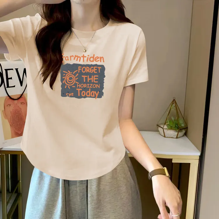 设计感小众圆弧下摆修身显瘦短袖T恤女夏季新款洋气减龄印花上衣