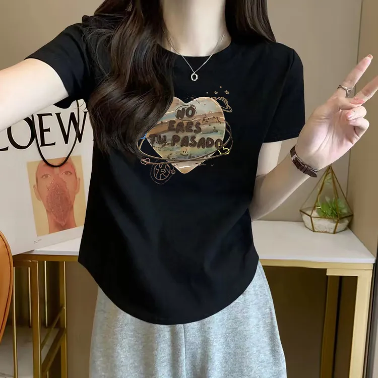 设计感圆弧下摆洋气减龄短袖T恤女学生夏季修身显瘦韩版圆领上衣