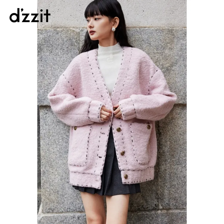 【爆款补单】dzzit地素毛呢外套秋冬多巴胺粉红色V领宽松女3H4G140