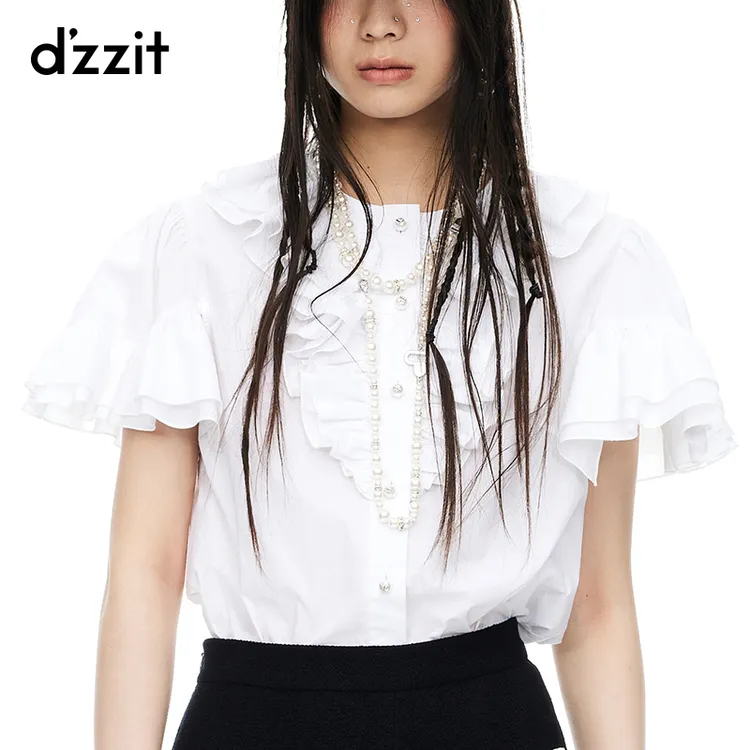 dzzit地素衬衫夏季少女风荷叶边爱心纽扣设计短袖上衣3I2D315