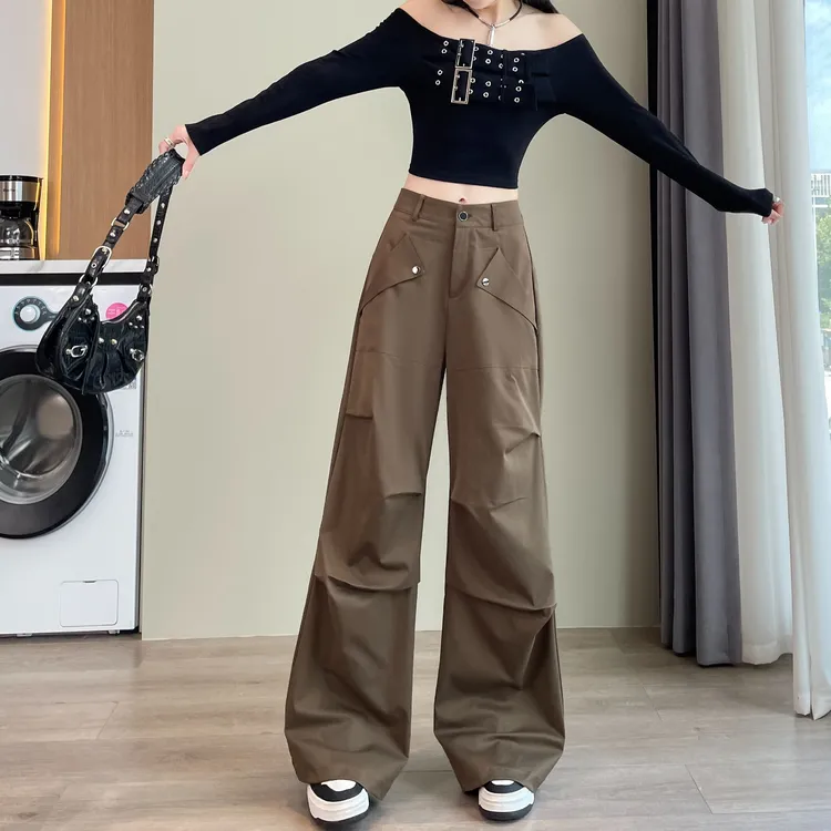 高腰阔腿裤女2025新款春秋高端爆款工装裤女宽松显瘦网红直筒裤子