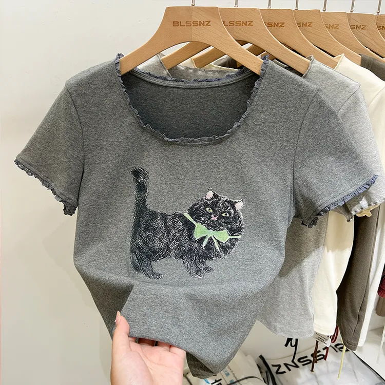 猫咪印花灰色正肩短袖t恤女夏季木耳边洋气独特休闲别致方领上衣