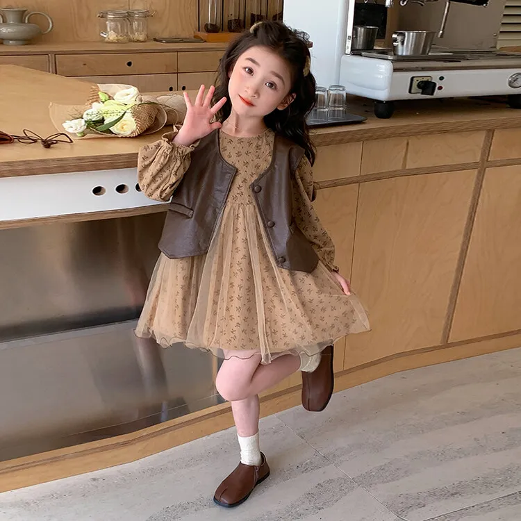 女童连衣裙套装2024新款秋季女孩韩版洋气时髦马甲两件套女宝秋装