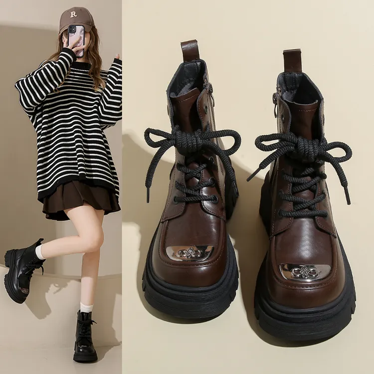 休闲韩版厚底马丁靴女2024春秋新款潮酷时装靴小个子增高显瘦短靴