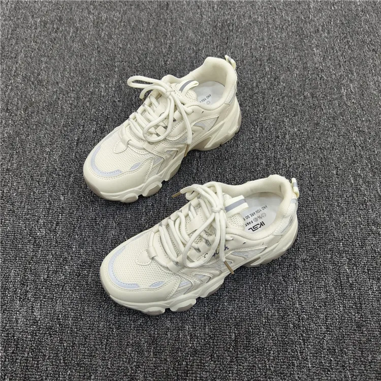 韩版女鞋秋季2054年新款ins潮百搭厚底休闲运动鞋网面系带老爹鞋