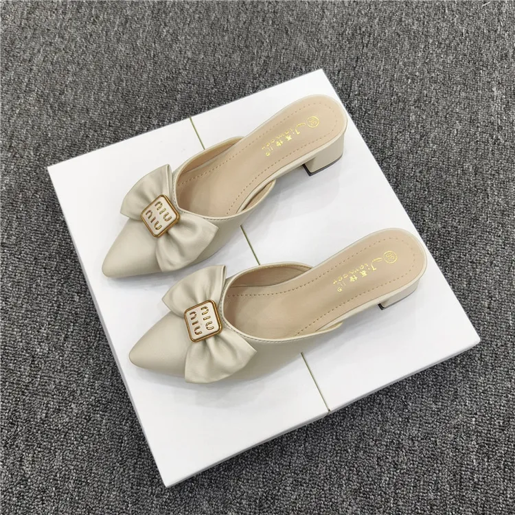 包头半拖鞋女2025春秋新款外穿尖头粗跟时尚凉拖鞋低跟穆勒半托鞋