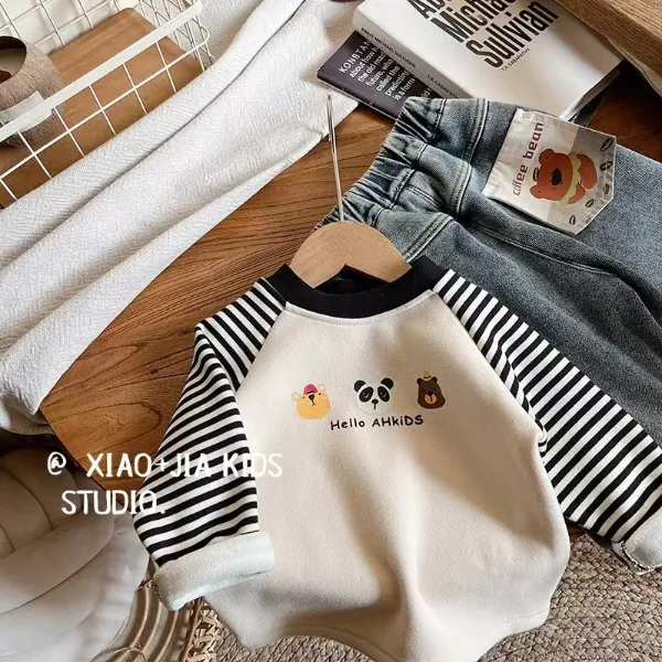 DEYAO/得遥德绒儿童一体绒黑白拼色打底男童女童圆领内搭加绒宝宝