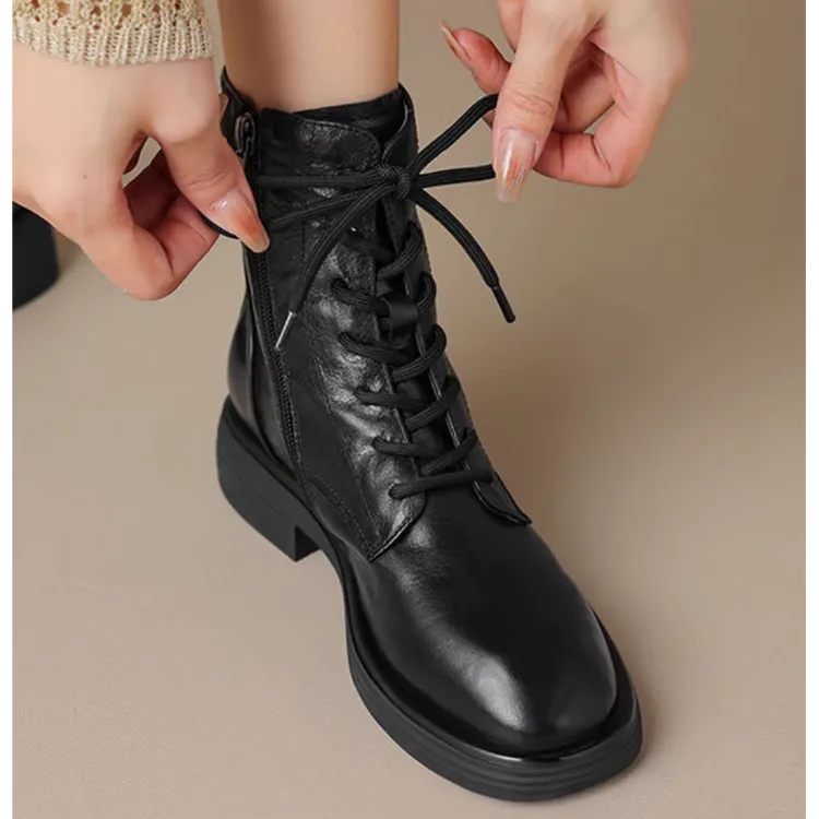 真皮断码清仓马丁靴女平底2025秋冬季新款英伦风系带圆头加绒短靴