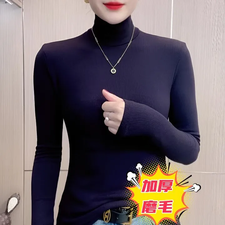 秋冬加磨毛气质纯色高领长袖打底衫T恤女简约百搭显瘦修身上衣冬