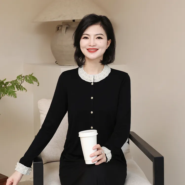 枫竺阿楠anan 庄园茶会 100莱赛尔优雅气质钉珠针织长袖开衫女秋