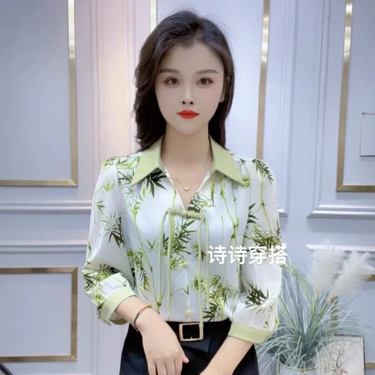 2024夏季新款七分袖百搭盘扣衬衫女洋气时尚显瘦新中式碎花衬衣