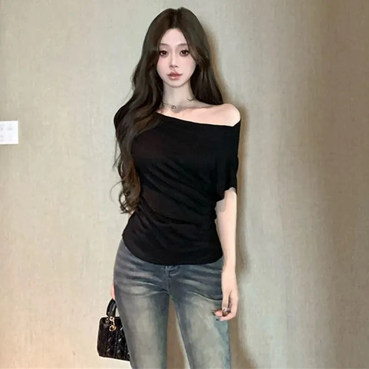 紧身斜肩白色短袖T恤夏季收腰修身背心独特设计小众别致打底上衣