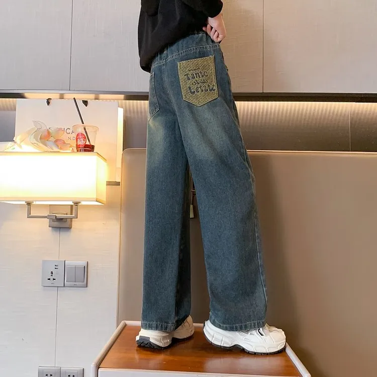 儿童直筒百搭宽松学生女童牛仔裤子中大童韩版春秋季阔腿裤新款