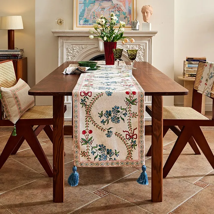 蜡笔派樱桃桌旗复古田园氛围感桌旗中式简约茶几旗布长条餐桌桌旗