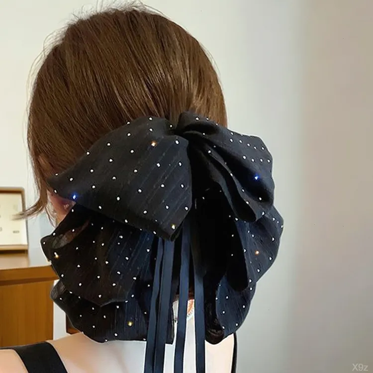 时尚法式发夹满天星发饰新款网红女黑色新潮飘带抓夹夹子蝴蝶结