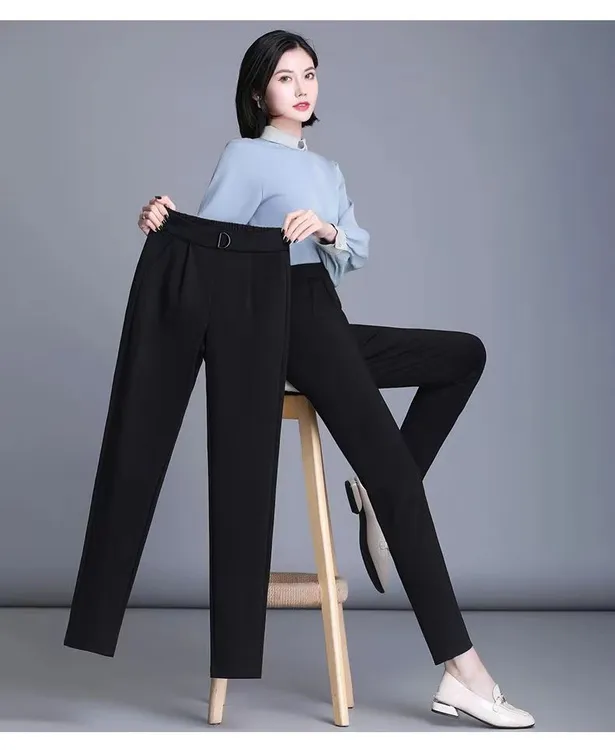 春秋新款哈伦裤女高腰大码百搭宽松显瘦职业小西裤女冰丝黑色