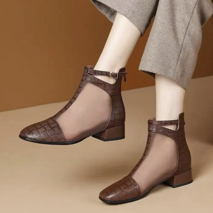 羊皮低跟网靴2025春秋新款镂空凉靴女鞋子方跟透气罗马软底女春夏