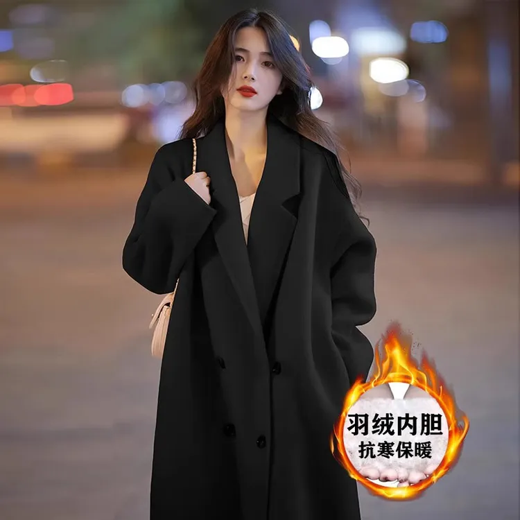 黑色中长款双面毛呢大衣女冬季小个子高级感羽绒加厚内胆呢子外套