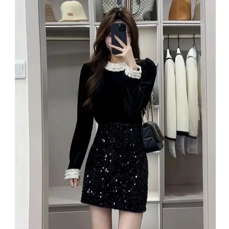 【浅浅专属】春秋新款黑色拼接长袖高级感气质女上衣半身裙两件套