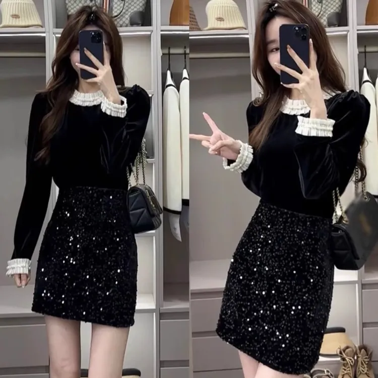 【工厂直销】2025新款秋黑色拼接长袖衬衫高腰亮片半身裙两件套女秋