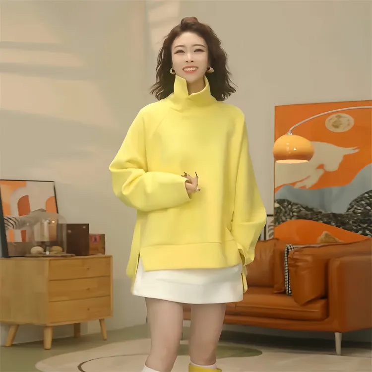 韩系纯色高领卫衣女2026春季宽松显瘦设计感今年流行不规则上衣潮