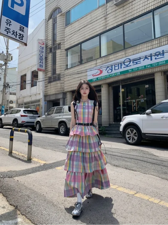 fortylions四十只狮 马卡龙盛宴 格子蛋糕裙甜美彩虹连衣裙蓬蓬裙