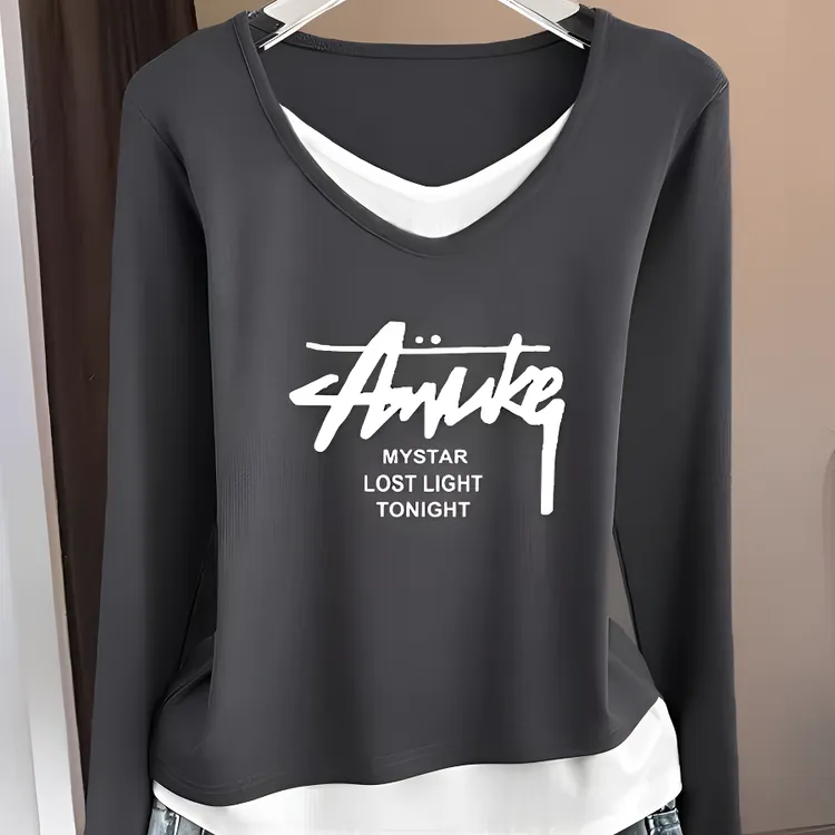 2024新款秋季大码V领假两件长袖t恤女百搭减龄时尚上衣内搭打底衫