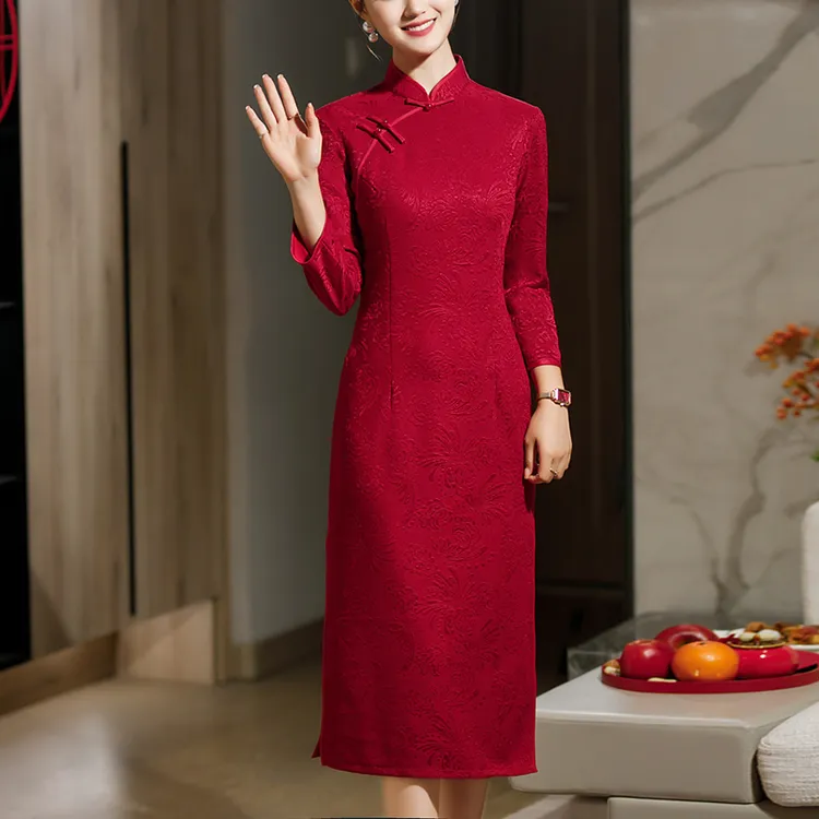 红色喜婆婆喜妈妈婚姻装中国风旗袍加绒加厚新娘敬酒服礼服连衣裙