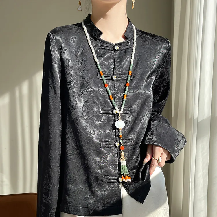 春秋新中式国风盘扣印花衬衫女宽松气质高品质衬衣立领中国风外套