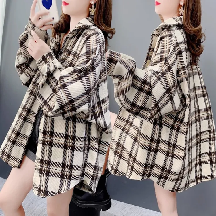大码胖mm加厚磨毛格子衬衫女秋冬季新款韩版宽松百搭复古外穿外套