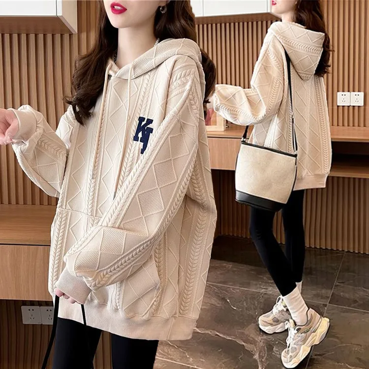 大码女装胖mm刺绣连帽加绒卫衣女秋冬新款韩版宽松百搭慵懒风上衣