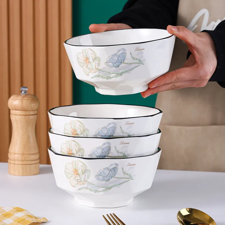 句途4只爱莲说6英寸面碗家用北方吃饭碗大碗加厚防烫陶瓷餐具套装