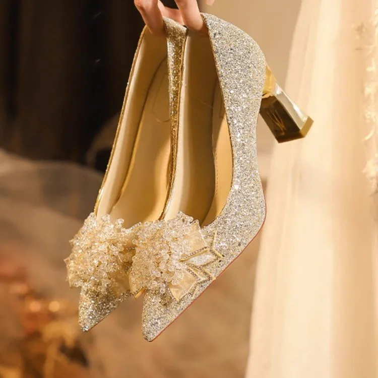 粗跟新娘鞋女法式主纱秀禾水晶鞋2025新款仙女风水晶鞋宴会礼服鞋